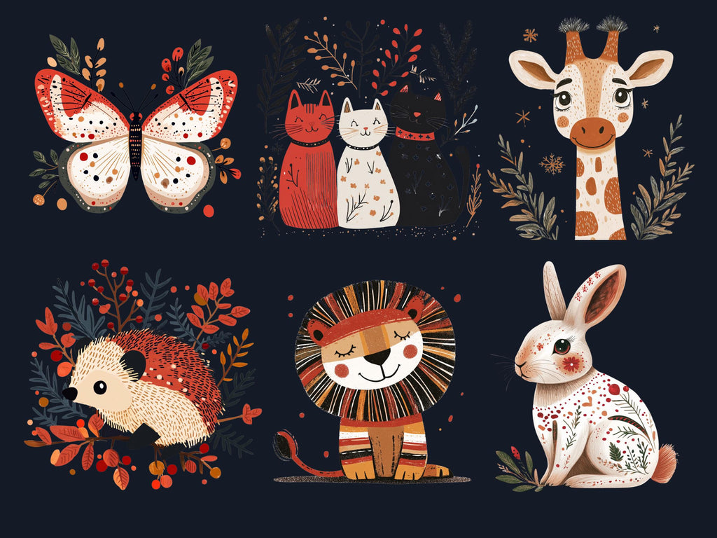45 PNG Scandinavian Christmas Animals Clipart, Christmas Animal Folk Art Illustration Clip art, Winter Xmas png, Nordic Xmas Noel Ornament