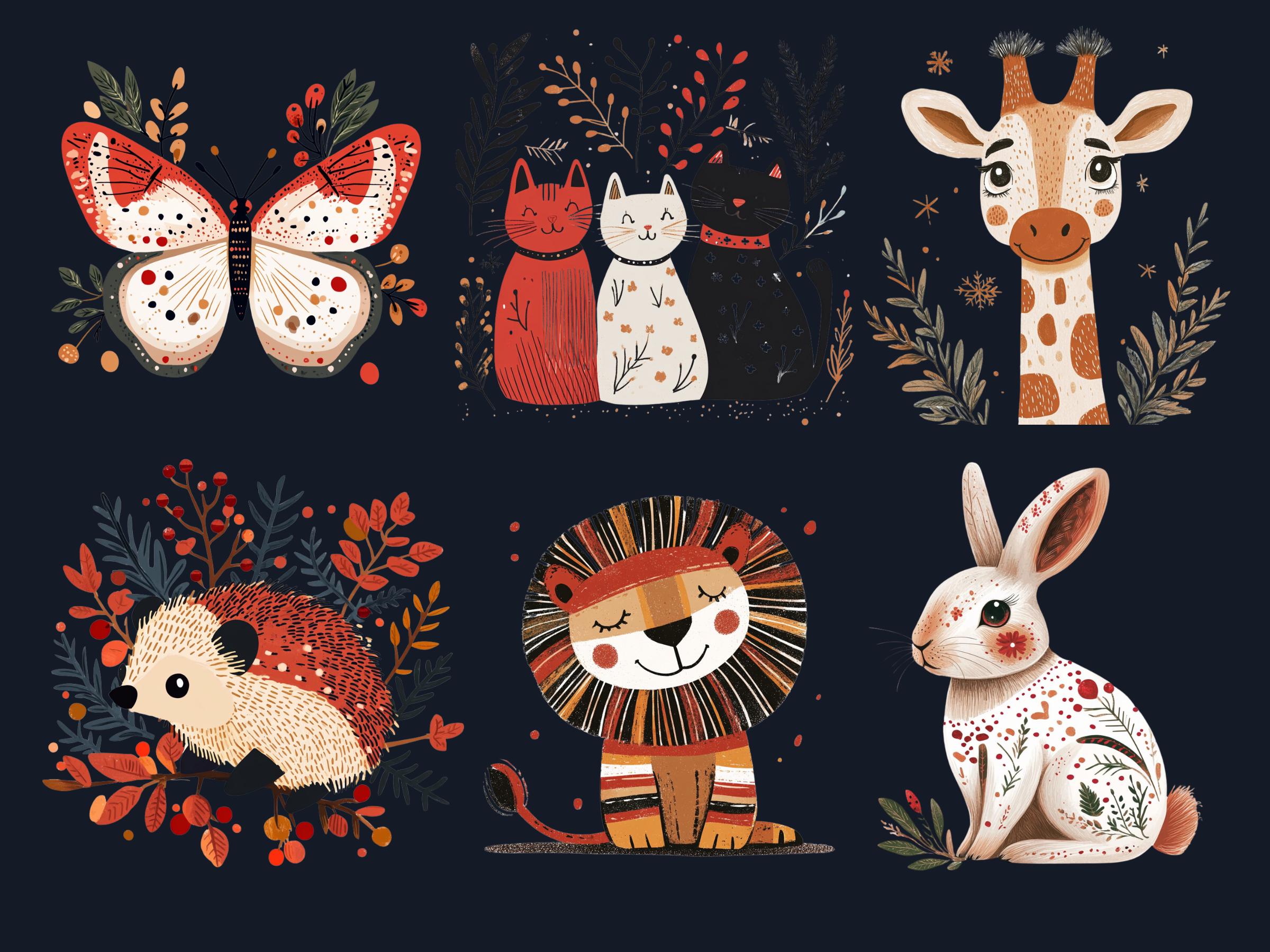 45 PNG Scandinavian Christmas Animals Clipart, Christmas Animal Folk Art Illustration Clip art, Winter Xmas png, Nordic Xmas Noel Ornament