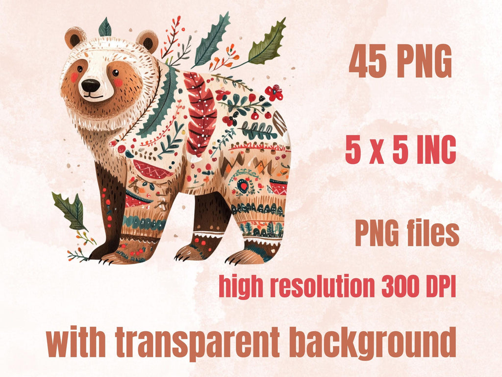 45 PNG Scandinavian Christmas Animals Clipart, Christmas Animal Folk Art Illustration Clip art, Winter Xmas png, Nordic Xmas Noel Ornament