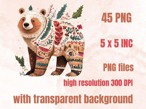 45 PNG Scandinavian Christmas Animals Clipart, Christmas Animal Folk Art Illustration Clip art, Winter Xmas png, Nordic Xmas Noel Ornament