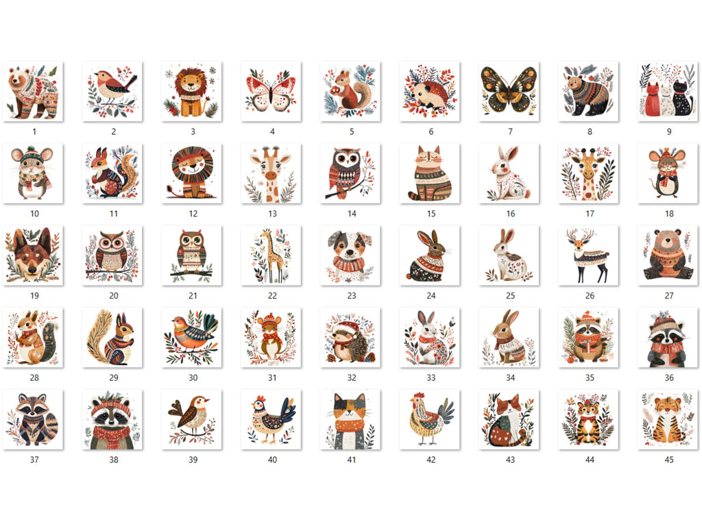 45 PNG Scandinavian Christmas Animals Clipart, Christmas Animal Folk Art Illustration Clip art, Winter Xmas png, Nordic Xmas Noel Ornament