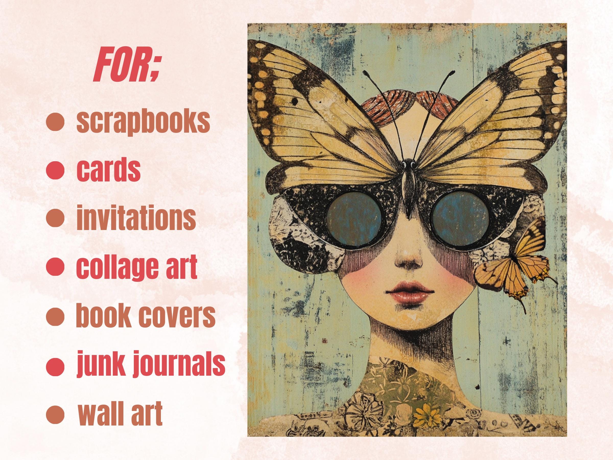 Whimsy Butterfly Collage Paper, Surreal Art Mixed Media Sheet, Whimsical Ephemera Images, Quirky Junk Journal, Butterfly Scrapbook Paper