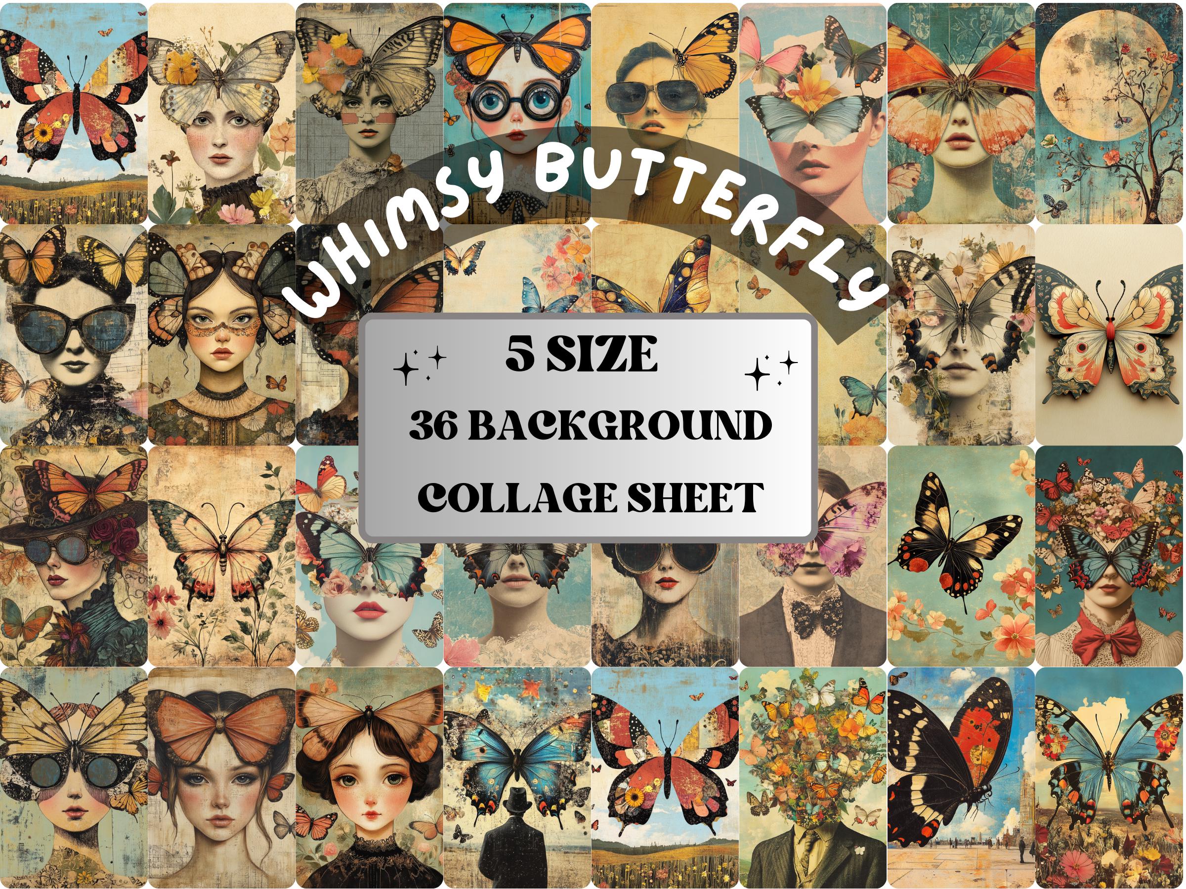 Whimsy Butterfly Collage Paper, Surreal Art Mixed Media Sheet, Whimsical Ephemera Images, Quirky Junk Journal, Butterfly Scrapbook Paper