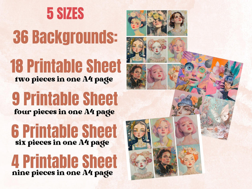 Whimsy Pastel Collage Paper, Pastel Surreal Art Mixed Media Sheet, Whimsical Ephemera Images, Quirky Junk Journal, Pastel Scrapbook Paper