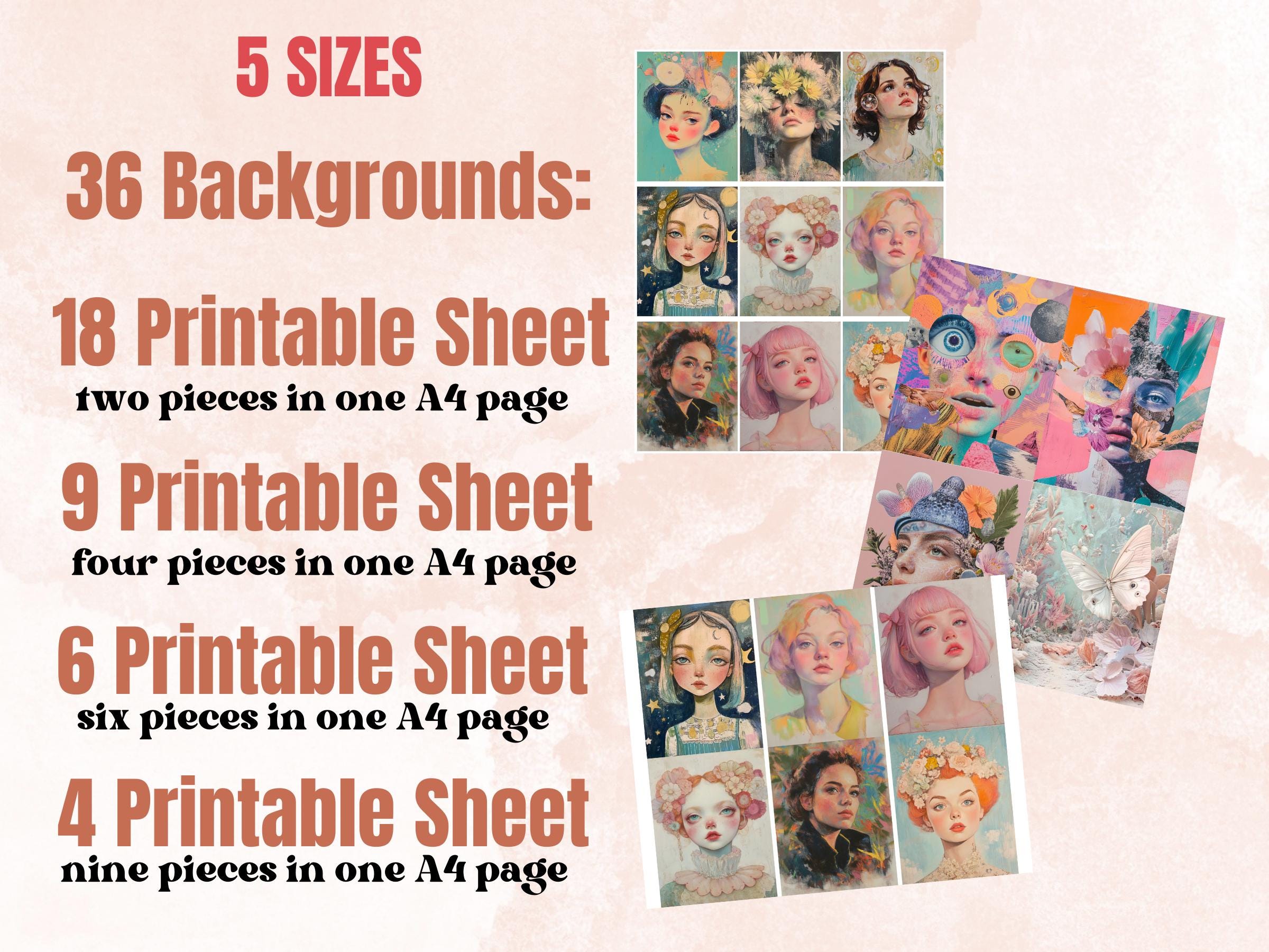 Whimsy Pastel Collage Paper, Pastel Surreal Art Mixed Media Sheet, Whimsical Ephemera Images, Quirky Junk Journal, Pastel Scrapbook Paper