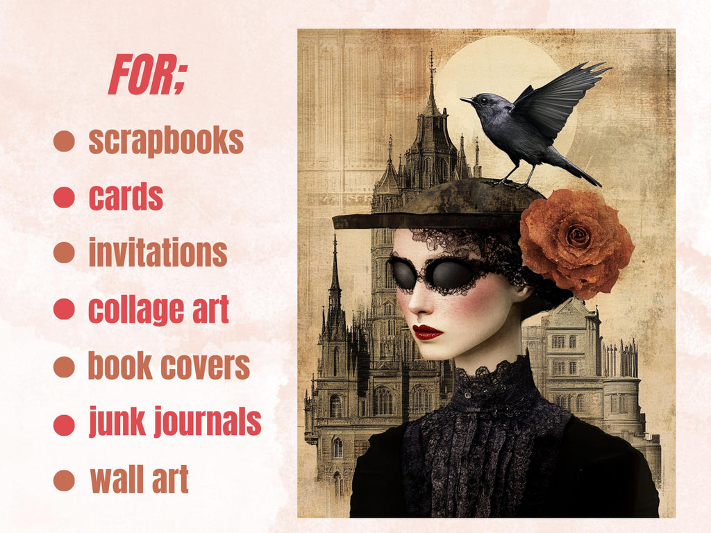 Whimsy Gothic Whispers Collage Paper, Surreal Art Mixed Media Sheet, Whimsical Ephemera Images, Quirky Junk Journal, Gothic Scrapbook Paper