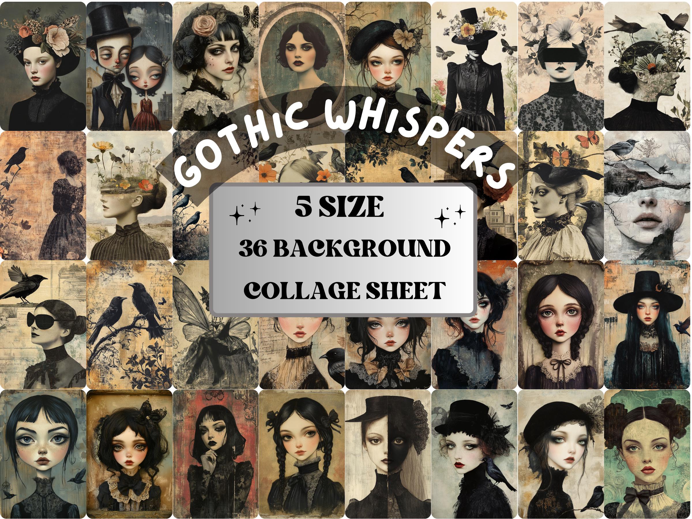 Whimsy Gothic Whispers Collage Paper, Surreal Art Mixed Media Sheet, Whimsical Ephemera Images, Quirky Junk Journal, Gothic Scrapbook Paper