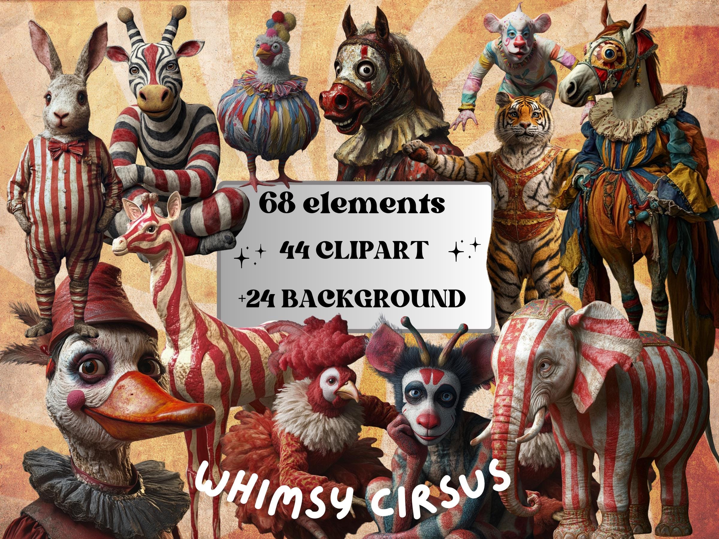 Whimsy Circus Collage Elements Kit, Whimsical Circus Characters, Quirky Circus Animals Clipart, Junk Journal Clipart + Background Bundle