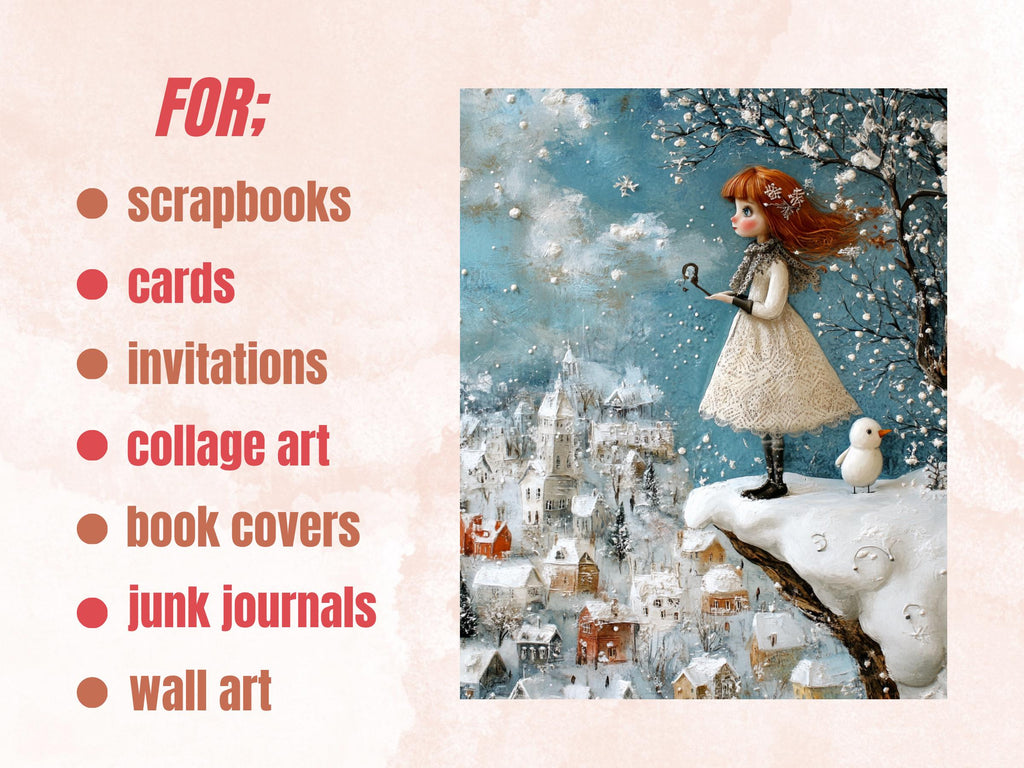 Whimsy Winter Collage Paper Kit, Surreal Winter Mixed Media Art Sheet, Whimsical Snowy Ephemera Images, Quirky Junk Journal, Scrapbook Paper