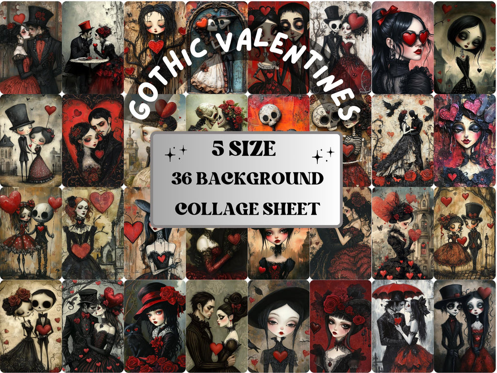 Gothic Valentines Collage Paper Kit, Whimsy Valentines Day Mixed Media Art, Whimsical Romantic Images, Surreal Junk Journal, Scrapbook Paper