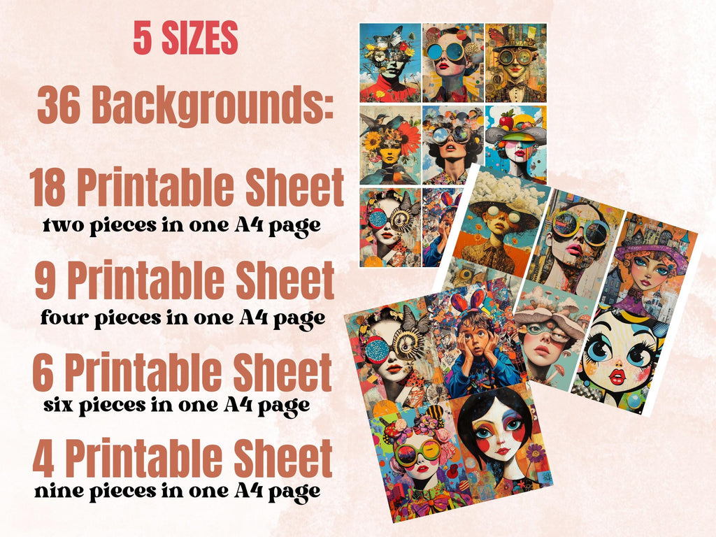 Whimsy Pop Art Collage Paper Kit, Surreal Background, Mixed Media Sheet, Whimsical Art Ephemera Images, Quirky Junk Journal, Scrapbook Paper