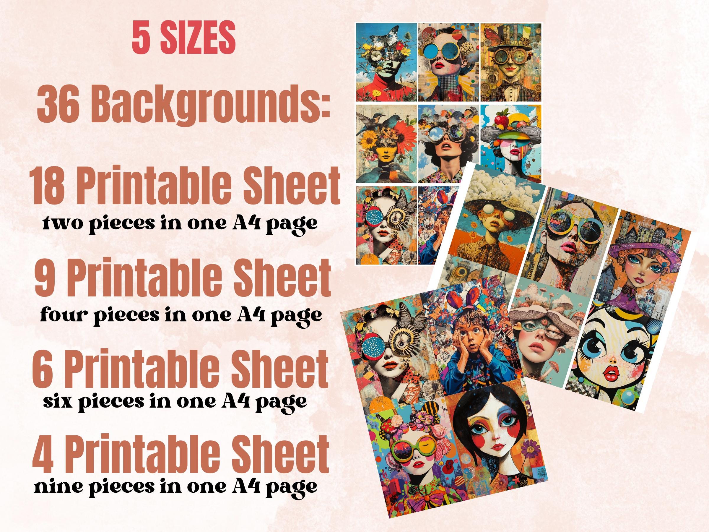 Whimsy Pop Art Collage Paper Kit, Surreal Background, Mixed Media Sheet, Whimsical Art Ephemera Images, Quirky Junk Journal, Scrapbook Paper
