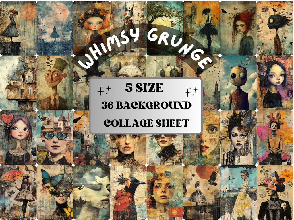 Whimsy Grunge Collage Paper Kit, Surreal Grunge Mixed Media Sheet, Whimsical Distressed Ephemera Images, Quirky Journal, Scrapbook Paper