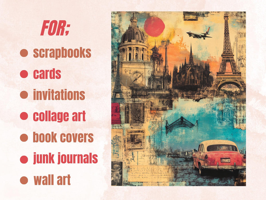 Whimsy Travel Collage Paper Kit, Surreal Travel Mixed Media Sheet, Whimsical Wanderlust Ephemera Images, Quirky Journal, Scrapbook Paper