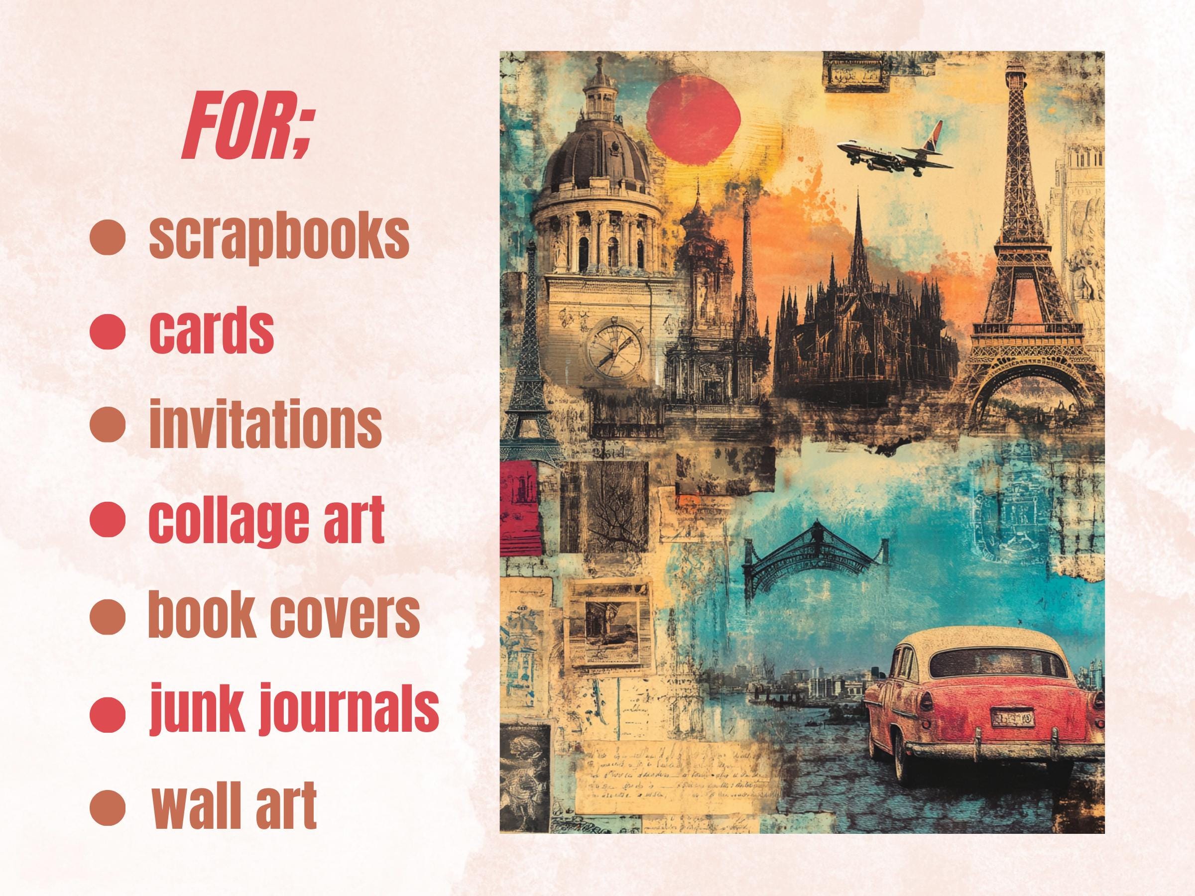 Whimsy Travel Collage Paper Kit, Surreal Travel Mixed Media Sheet, Whimsical Wanderlust Ephemera Images, Quirky Journal, Scrapbook Paper