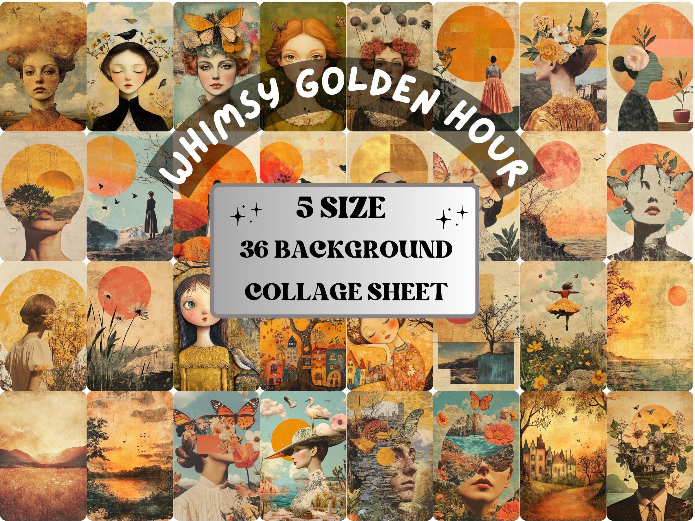 Whimsy Golden Hour Collage Paper, Surreal Sunset Mixed Media Sheet, Whimsical Sunrise Ephemera Images, Quirky Junk Journal, Scrapbook Paper