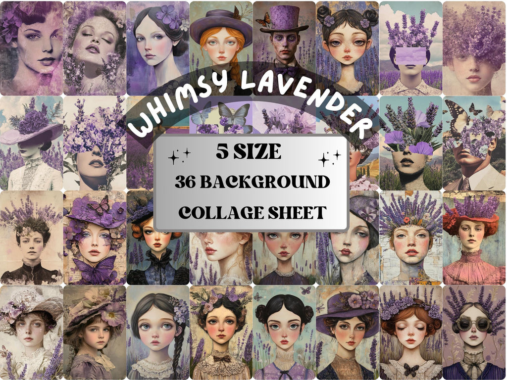 Whimsy Lavender Collage Paper Kit, Surreal Background, Mixed Media Sheet, Whimsical Purple Images, Quirky Junk Journal, Scrapbook Paper
