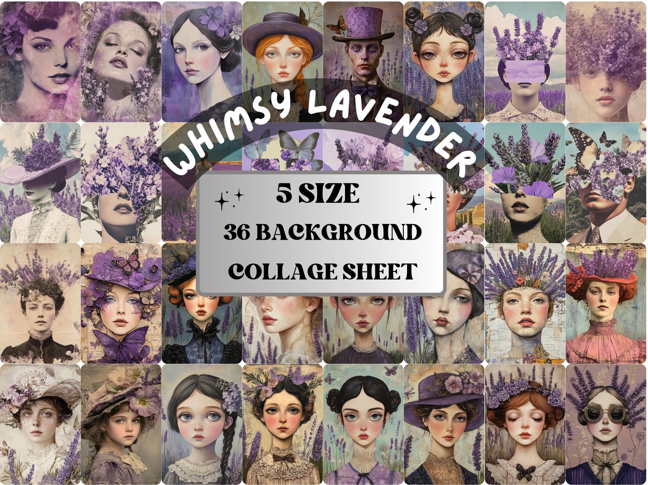 Whimsy Lavender Collage Paper Kit, Surreal Background, Mixed Media Sheet, Whimsical Purple Images, Quirky Junk Journal, Scrapbook Paper