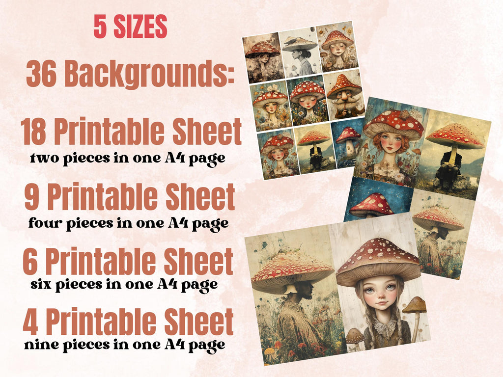 Whimsy Mushroom Collage Paper Kit, Surreal Background, Mixed Media Sheet, Whimsical Forest Fungi Image, Quirky Junk Journal, Scrapbook Paper
