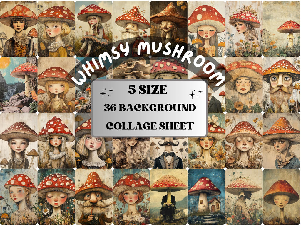 Whimsy Mushroom Collage Paper Kit, Surreal Background, Mixed Media Sheet, Whimsical Forest Fungi Image, Quirky Junk Journal, Scrapbook Paper