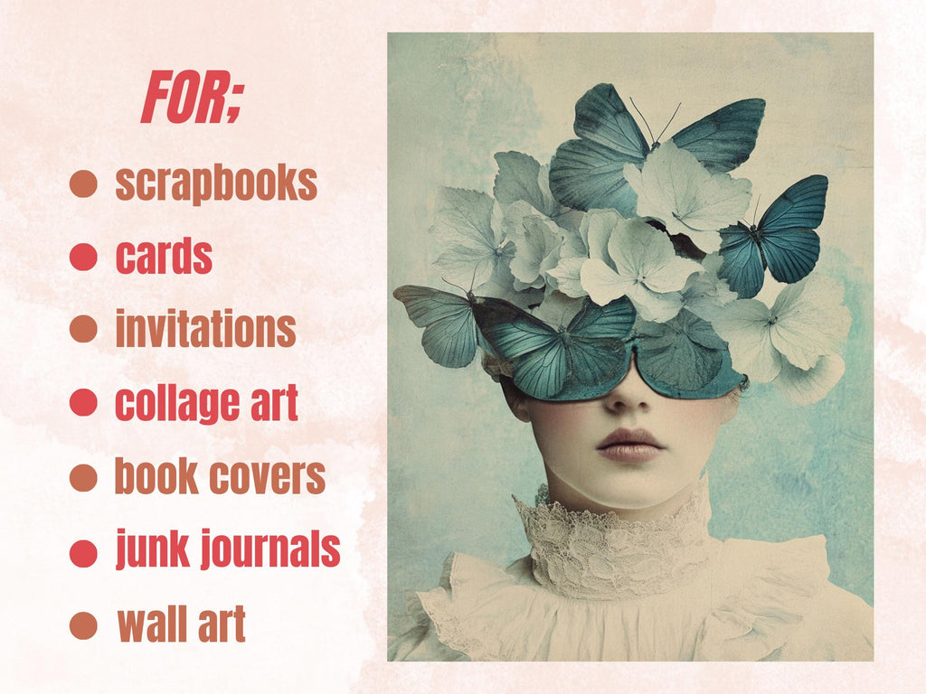 Whimsy Dusty Blue Collage Paper Kit, Surreal Blue Mixed Media Sheet, Whimsical Dusty Ephemera Images, Grunge Quirky Journal, Scrapbook Paper