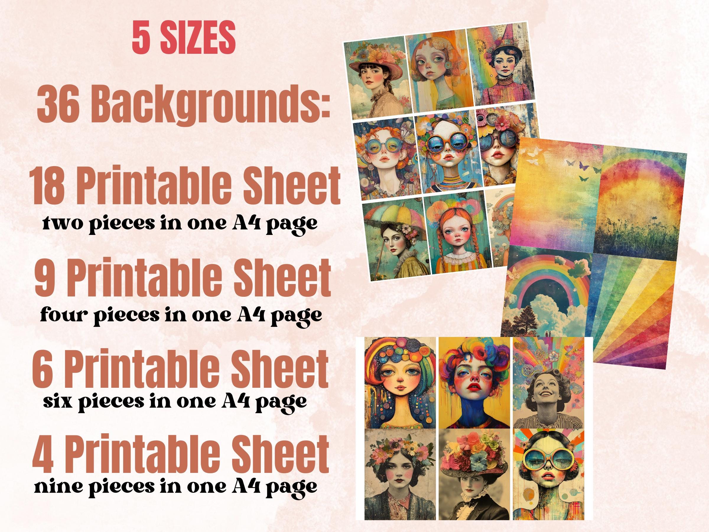 Whimsy Rainbow Collage Paper Kit, Surreal Mixed Media Sheet, Whimsical Rainbow Ephemera Images, Fairytale Quirky Journal, Scrapbook Paper