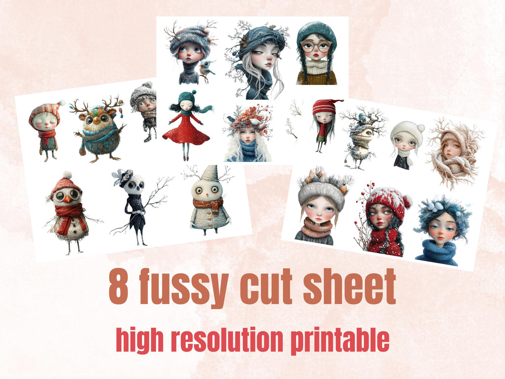 Whimsy Winter Collage Elements Kit, Whimsical Surreal Winter Fussy Cut, Quirky Weird People Clipart, Junk Journal, Clipart Background Bundle