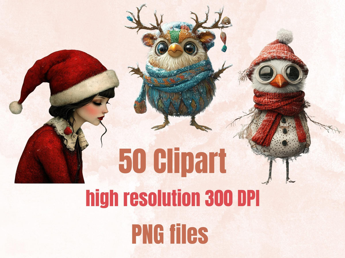 Whimsy Winter Collage Elements Kit, Whimsical Surreal Winter Fussy Cut, Quirky Weird People Clipart, Junk Journal, Clipart Background Bundle