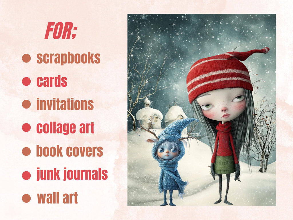 Whimsy Winter Collage Elements Kit, Whimsical Surreal Winter Fussy Cut, Quirky Weird People Clipart, Junk Journal, Clipart Background Bundle