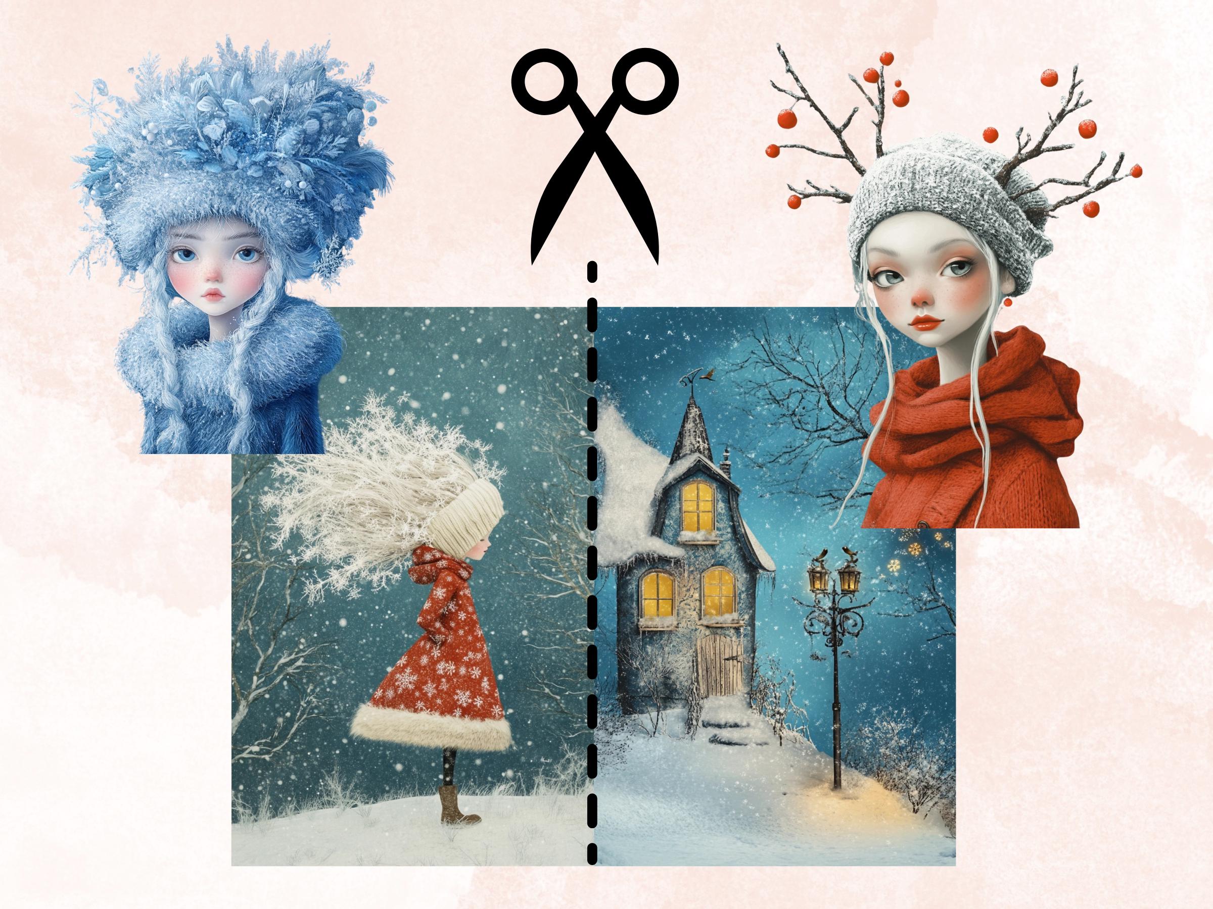 Whimsy Winter Collage Elements Kit, Whimsical Surreal Winter Fussy Cut, Quirky Weird People Clipart, Junk Journal, Clipart Background Bundle