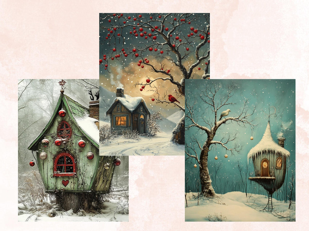 Whimsy Winter Collage Elements Kit, Whimsical Surreal Winter Fussy Cut, Quirky Weird People Clipart, Junk Journal, Clipart Background Bundle