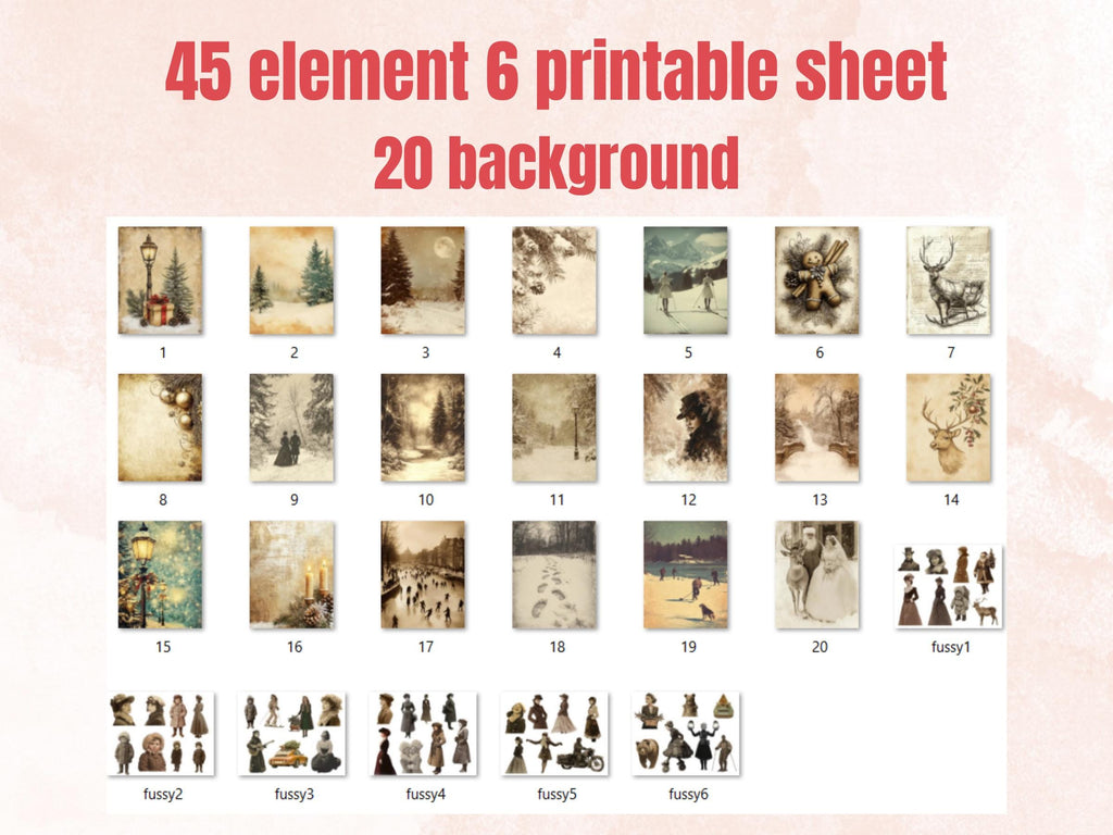 Vintage Winter Collage Kit, Whimsical Old Winter Ephemera, Retro Woman Sheet, Whimsy Junk Journal Fussy Cut Sheet + Background Bundle