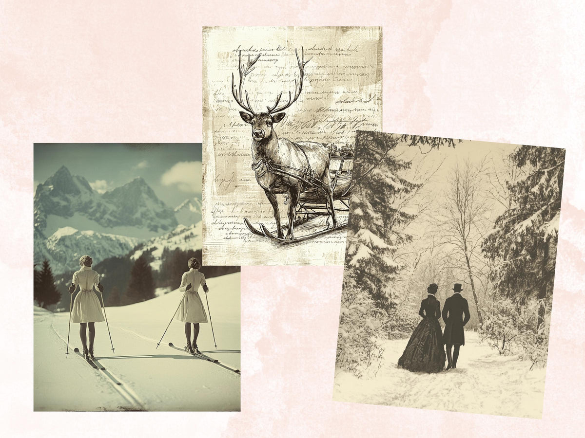 Vintage Winter Collage Kit, Whimsical Old Winter Ephemera, Retro Woman Sheet, Whimsy Junk Journal Fussy Cut Sheet + Background Bundle