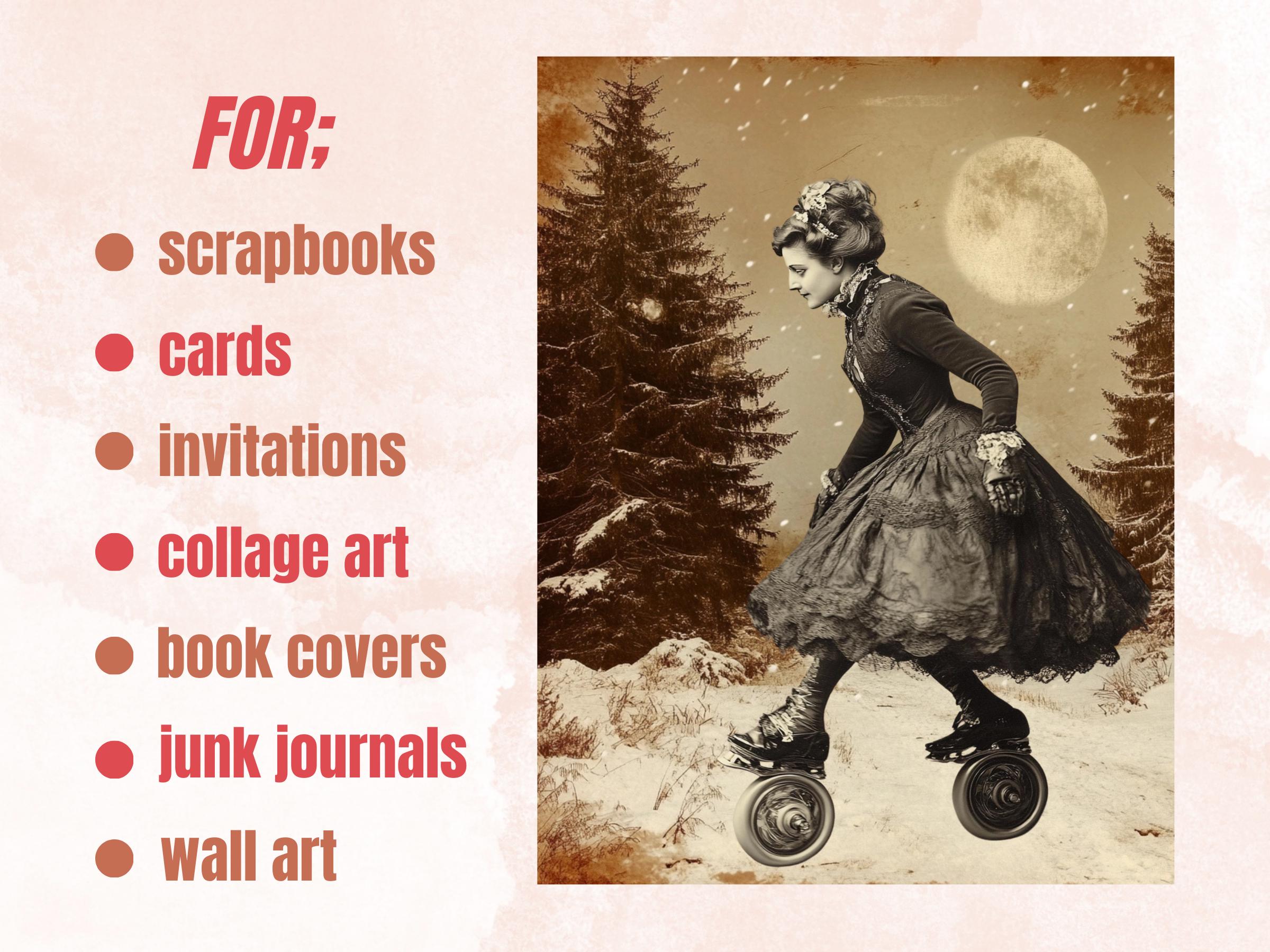 Vintage Winter Collage Kit, Whimsical Old Winter Ephemera, Retro Woman Sheet, Whimsy Junk Journal Fussy Cut Sheet + Background Bundle