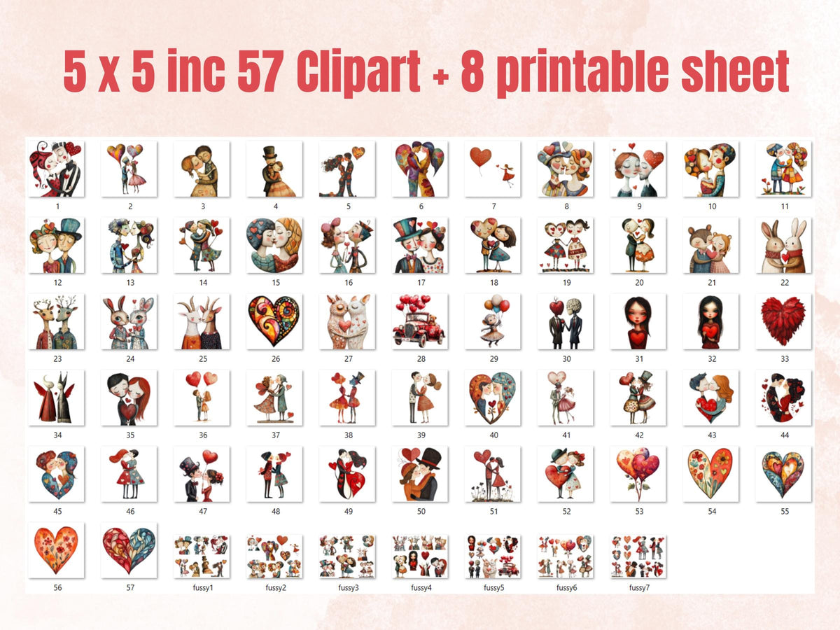 Whimsy Valentines Day Collage Elements Kit, Whimsical Love Fussy Cut, Quirky Weird People Clipart, Romantic Junk Journal, Clipart Background