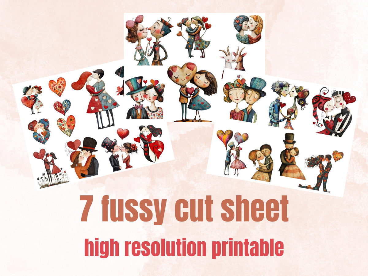 Whimsy Valentines Day Collage Elements Kit, Whimsical Love Fussy Cut, Quirky Weird People Clipart, Romantic Junk Journal, Clipart Background