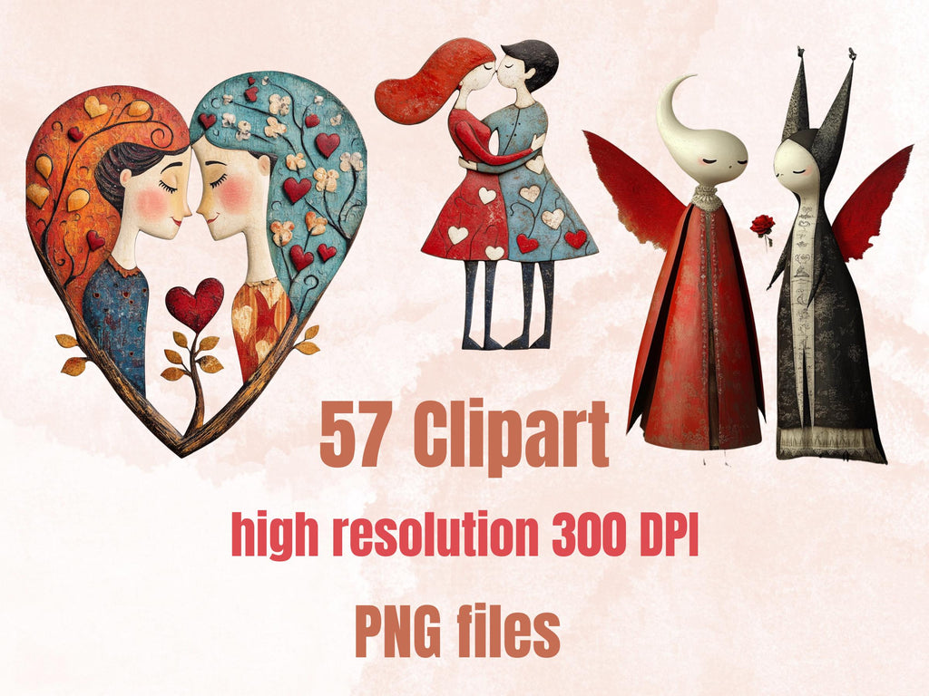 Whimsy Valentines Day Collage Elements Kit, Whimsical Love Fussy Cut, Quirky Weird People Clipart, Romantic Junk Journal, Clipart Background