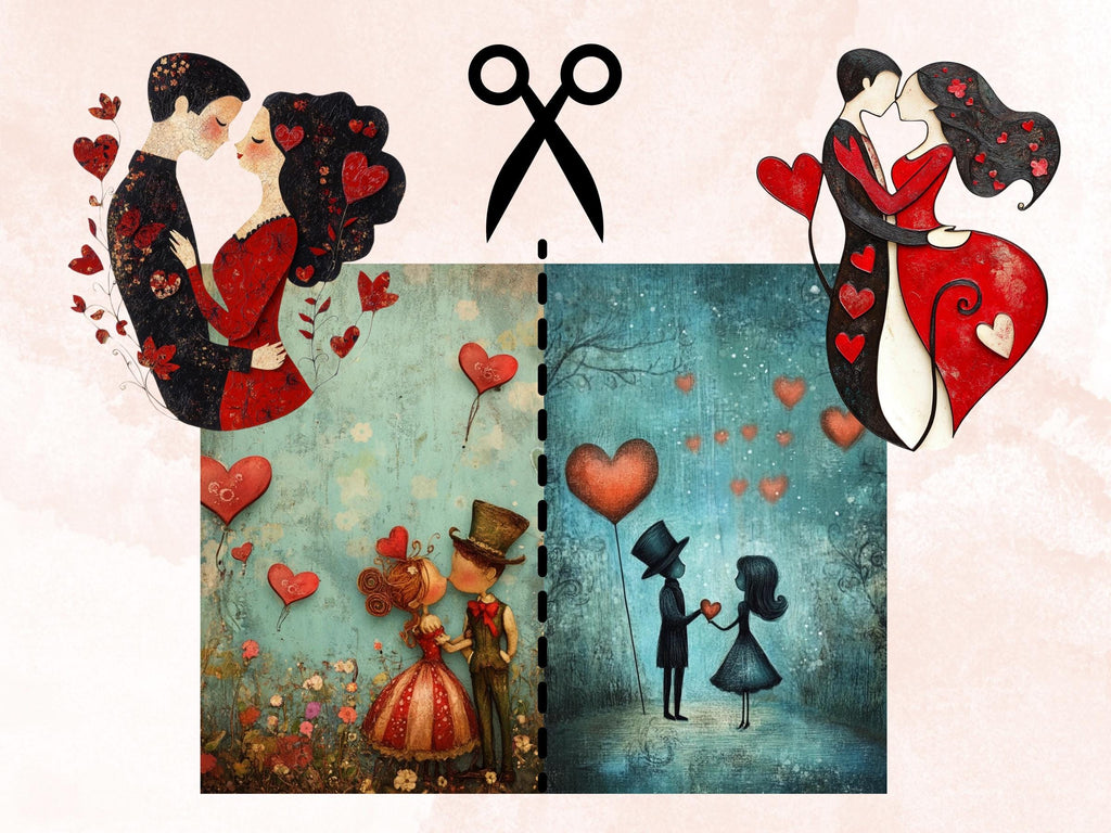 Whimsy Valentines Day Collage Elements Kit, Whimsical Love Fussy Cut, Quirky Weird People Clipart, Romantic Junk Journal, Clipart Background