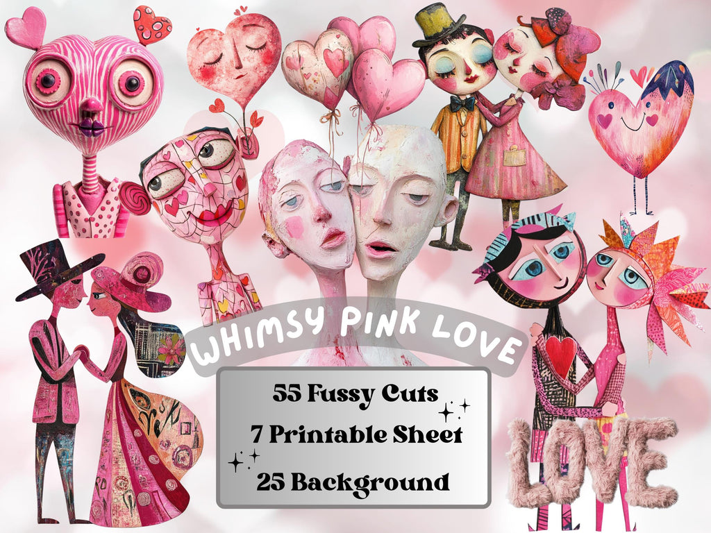 Pink Valentines Day Collage Kit, Whimsical Love Ephemera, Quirky Couple Sheet, Whimsy Junk Journal Fussy Cut Sheet + Background Bundle