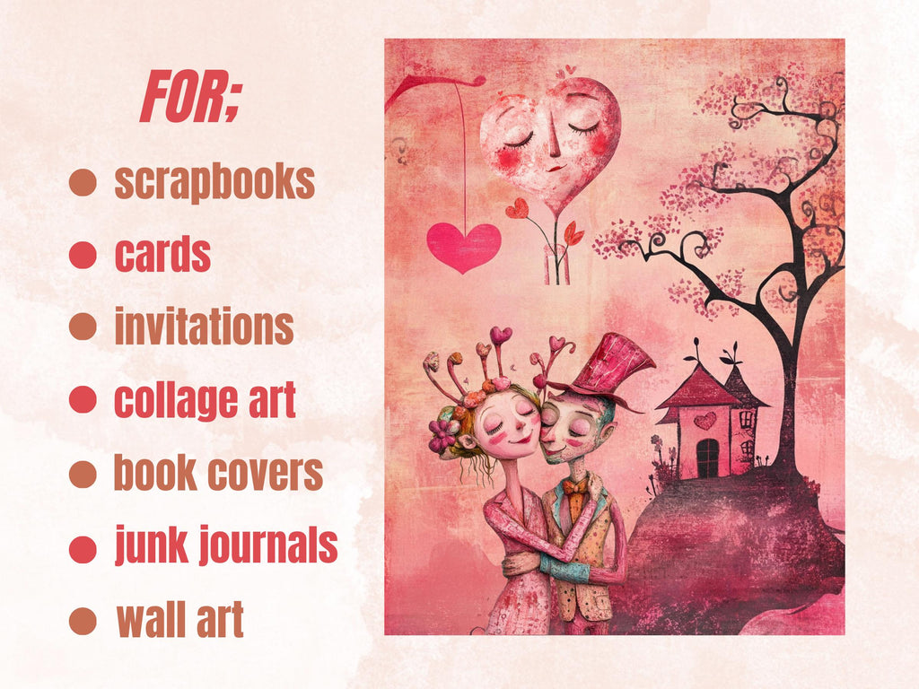 Pink Valentines Day Collage Kit, Whimsical Love Ephemera, Quirky Couple Sheet, Whimsy Junk Journal Fussy Cut Sheet + Background Bundle