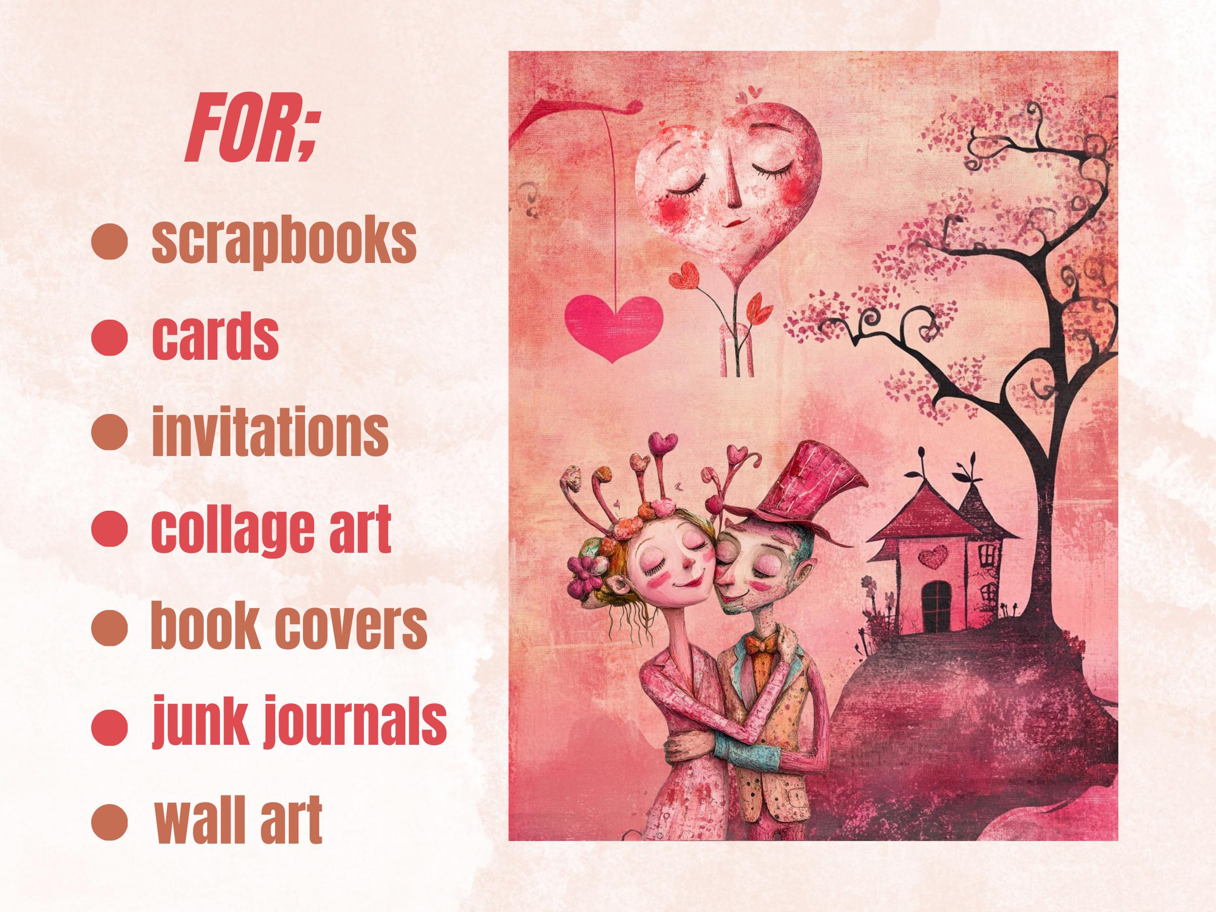 Pink Valentines Day Collage Kit, Whimsical Love Ephemera, Quirky Couple Sheet, Whimsy Junk Journal Fussy Cut Sheet + Background Bundle