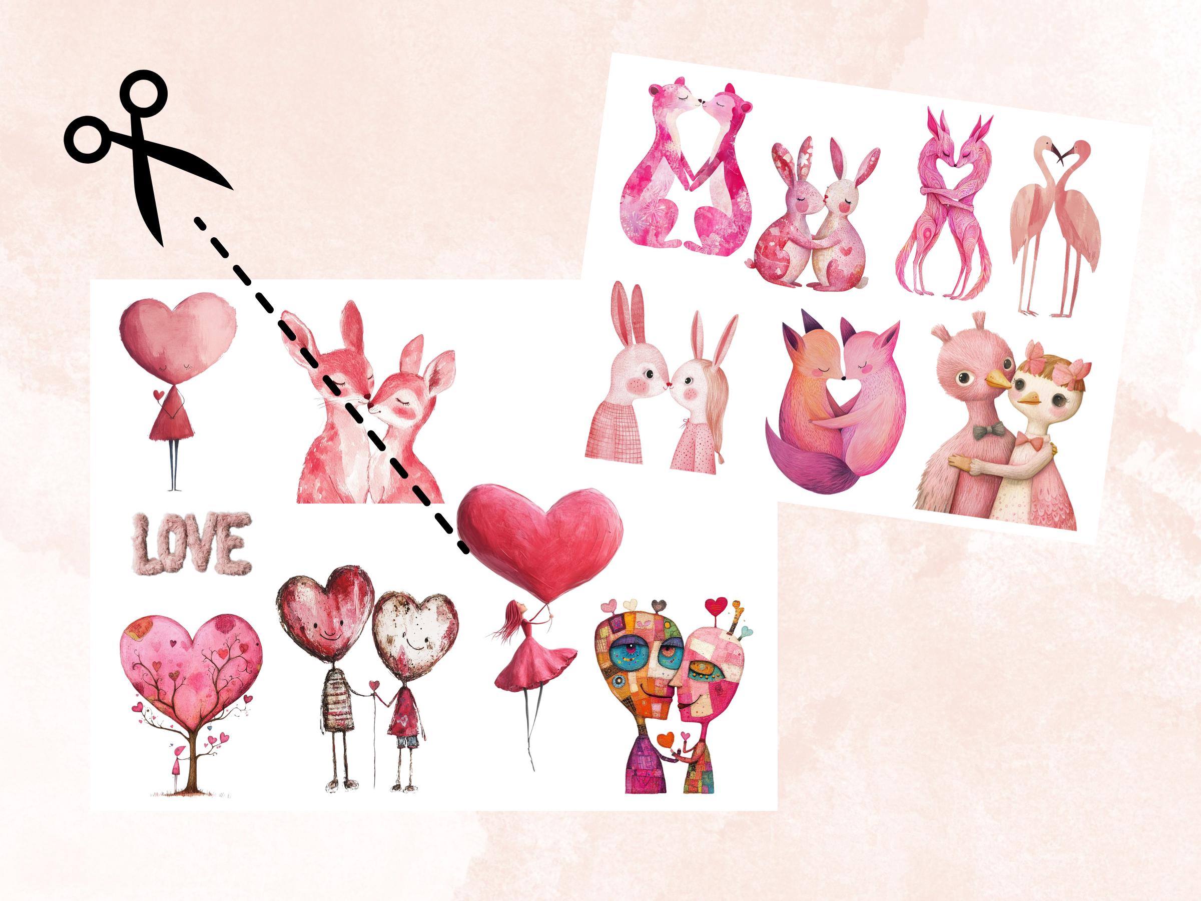 Pink Valentines Day Collage Kit, Whimsical Love Ephemera, Quirky Couple Sheet, Whimsy Junk Journal Fussy Cut Sheet + Background Bundle