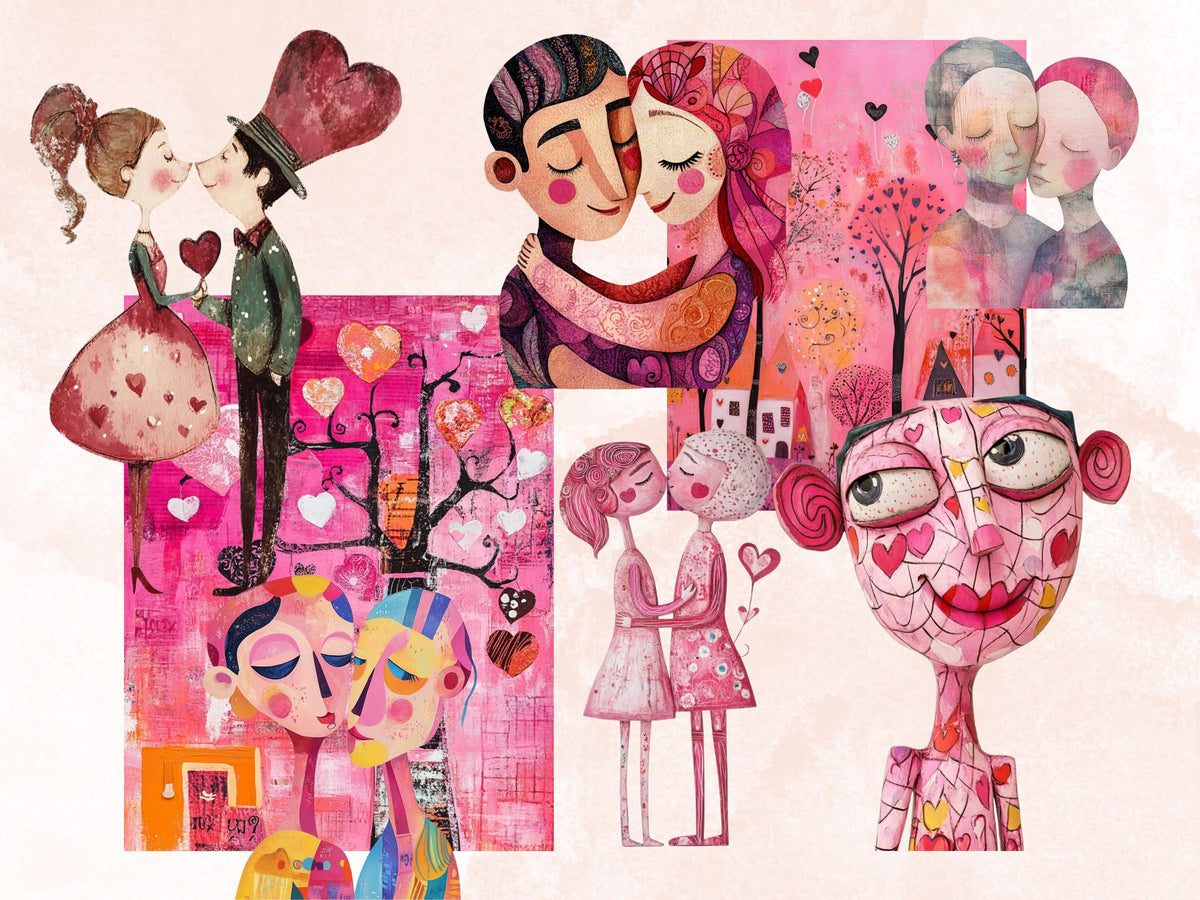 Pink Valentines Day Collage Kit, Whimsical Love Ephemera, Quirky Couple Sheet, Whimsy Junk Journal Fussy Cut Sheet + Background Bundle