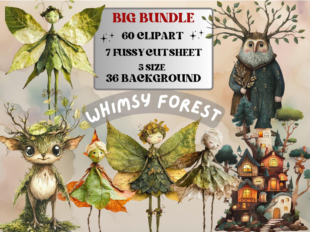 Whimsy Forest Collage Elements Kit, Whimsical Surreal Woodland Fussy Cut, Quirky Weird Fairy Clipart, Green Junk Journal, Clipart Background