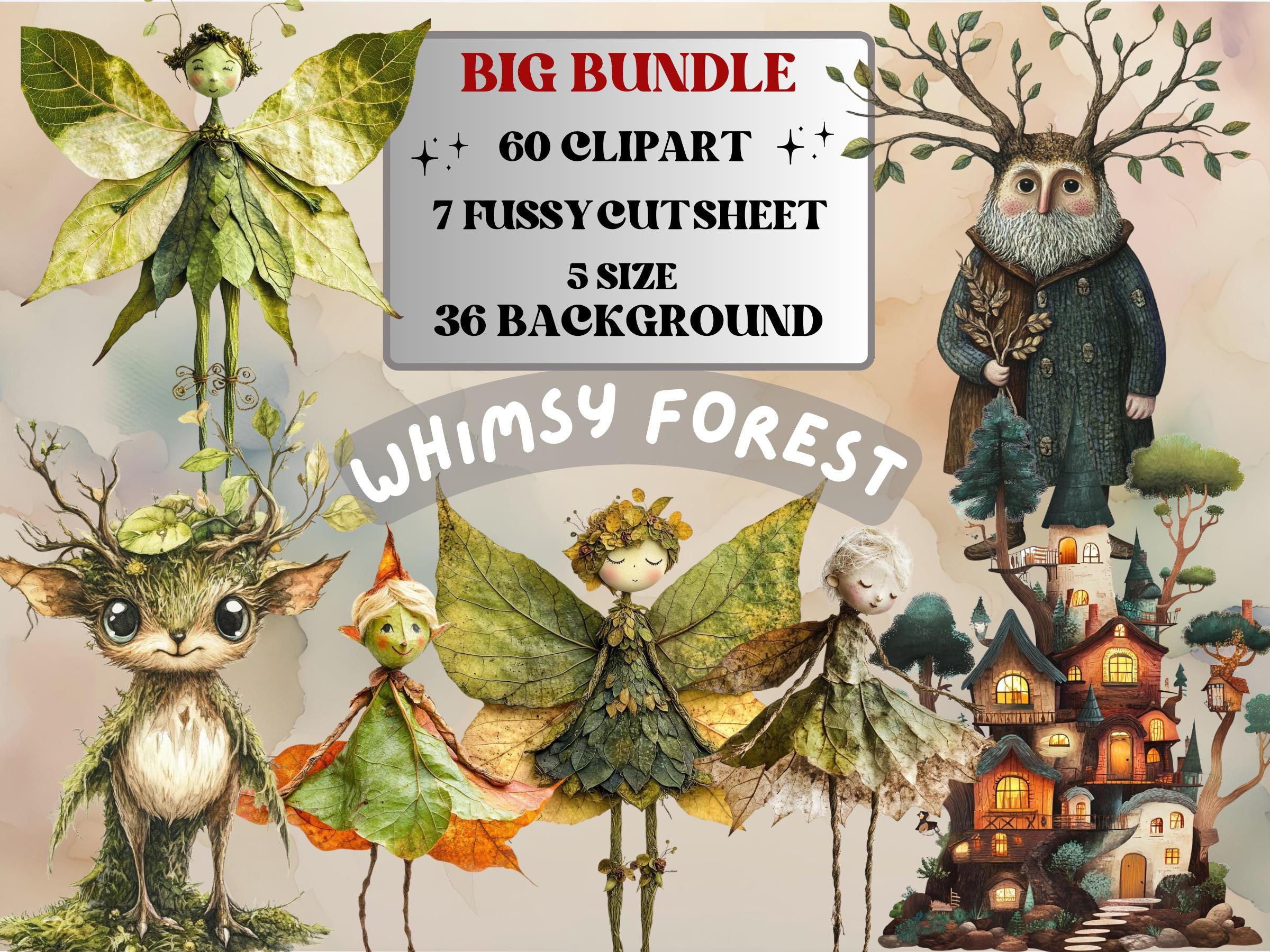 Whimsy Forest Collage Elements Kit, Whimsical Surreal Woodland Fussy Cut, Quirky Weird Fairy Clipart, Green Junk Journal, Clipart Background