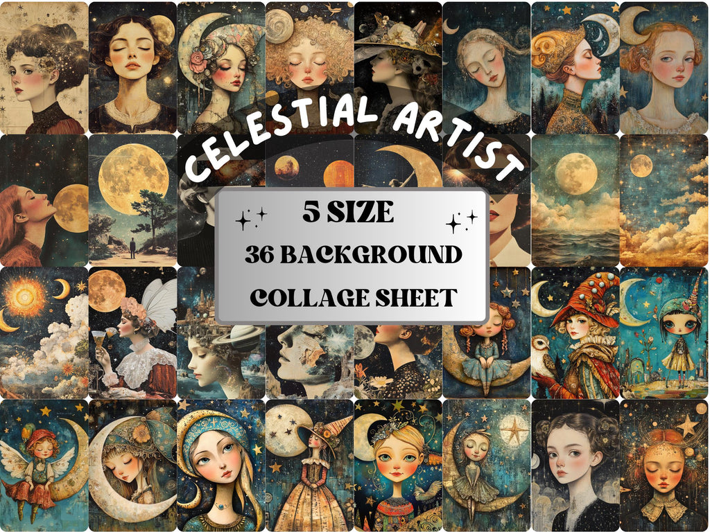 Whimsy Celestial Artist Collage Paper, Vintage Surreal Mixed Media Sheet, Whimsical Sky Ephemera Image, Quirky Junk Journal, Scrapbook Paper