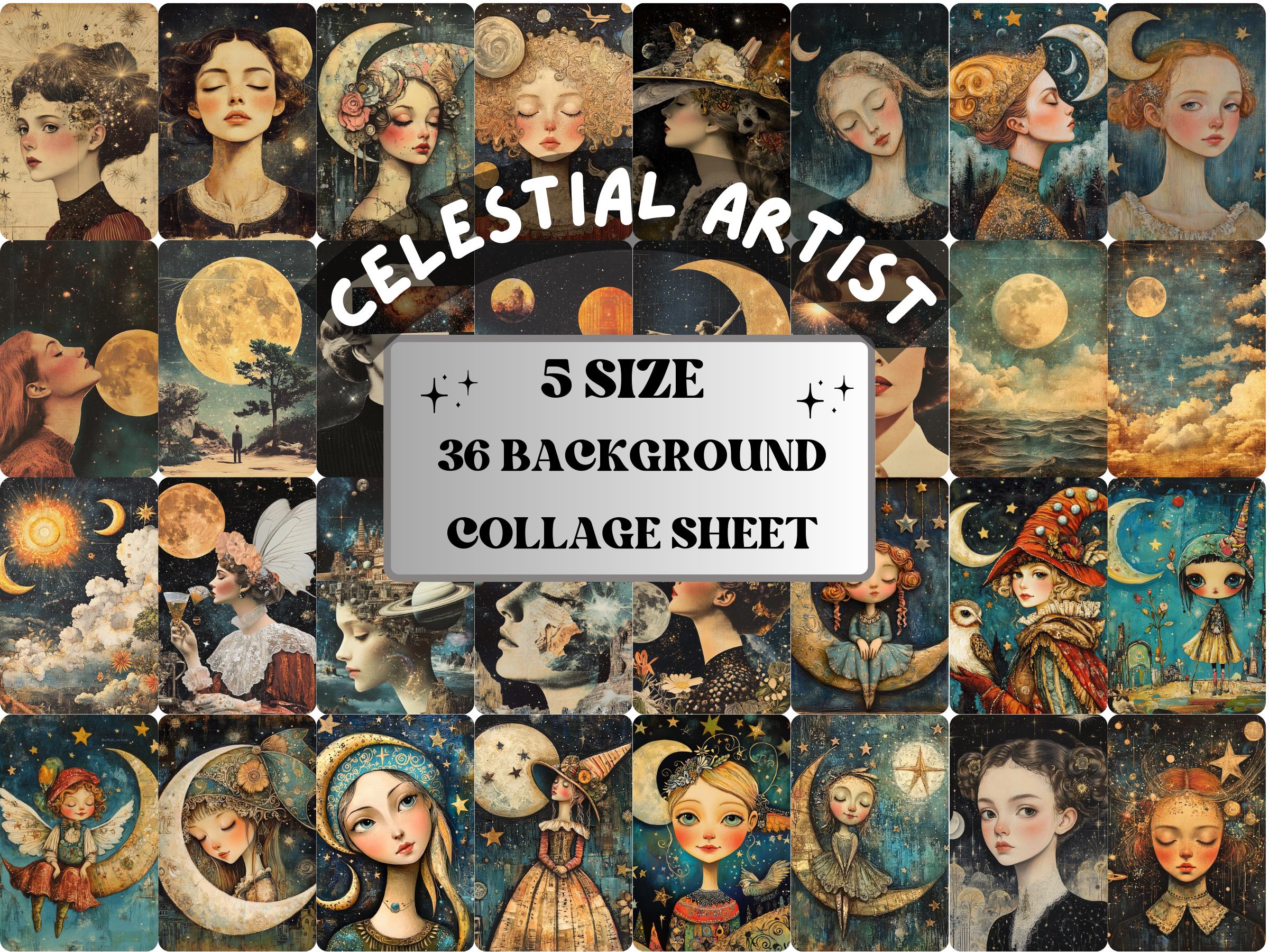 Whimsy Celestial Artist Collage Paper, Vintage Surreal Mixed Media Sheet, Whimsical Sky Ephemera Image, Quirky Junk Journal, Scrapbook Paper