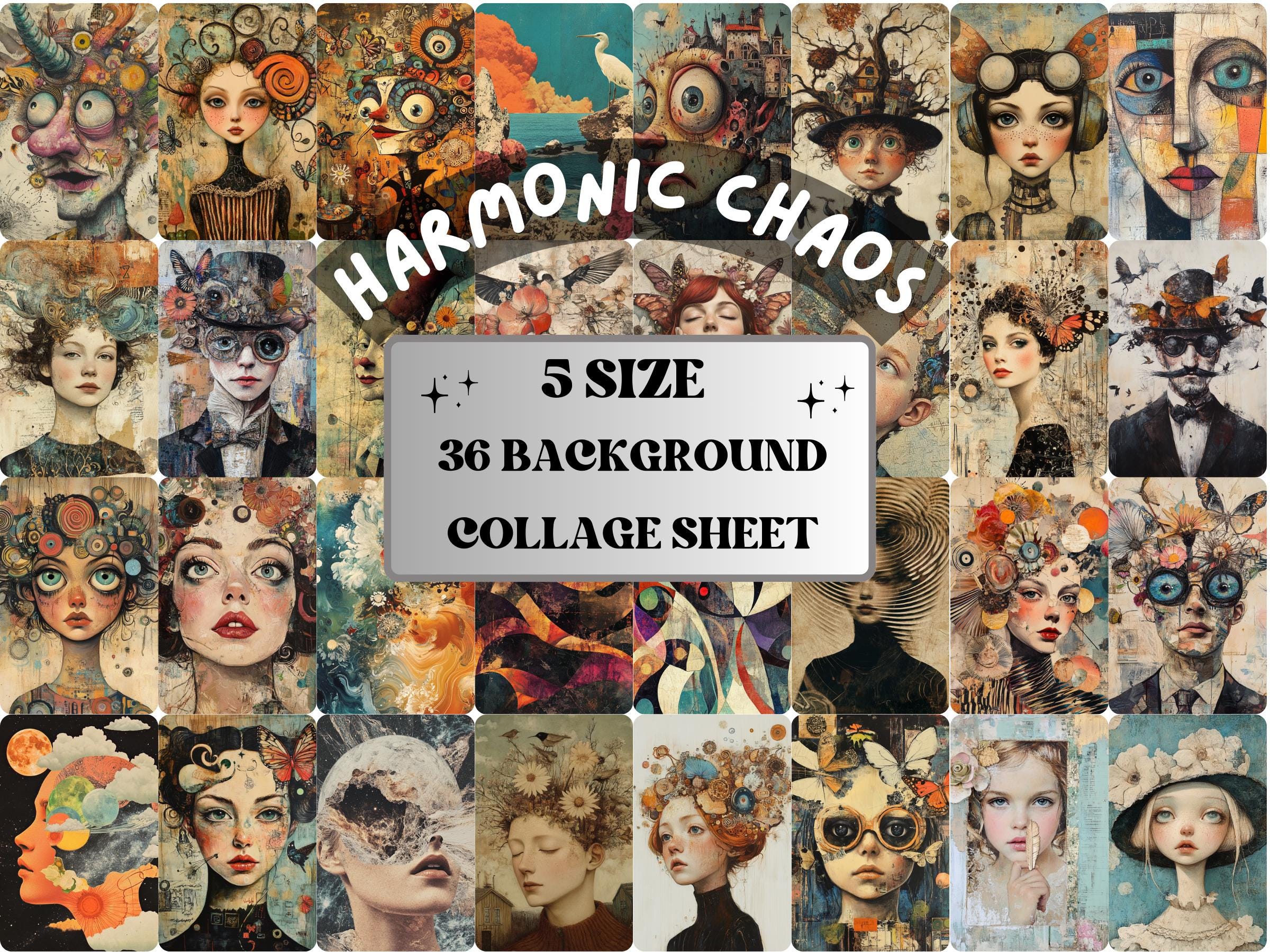 Whimsy Harmonic Chaos Collage Paper, Surreal Quirky Art Mixed Media Sheet, Whimsical Ephemera Images, Quirky Junk Journal, Scrapbook Paper