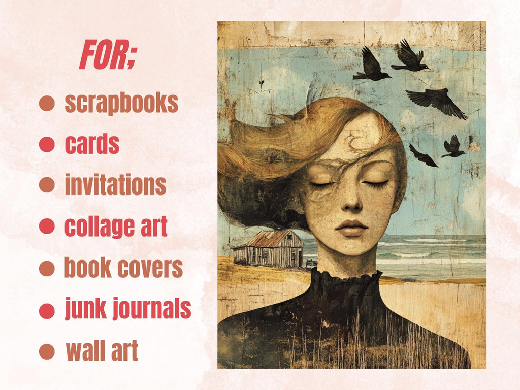 Whimsy Windswept Collage Paper, Surreal Quirky Art Mixed Media Sheet, Whimsical Ephemera Images, Quirky Junk Journal, Windy Scrapbook Paper