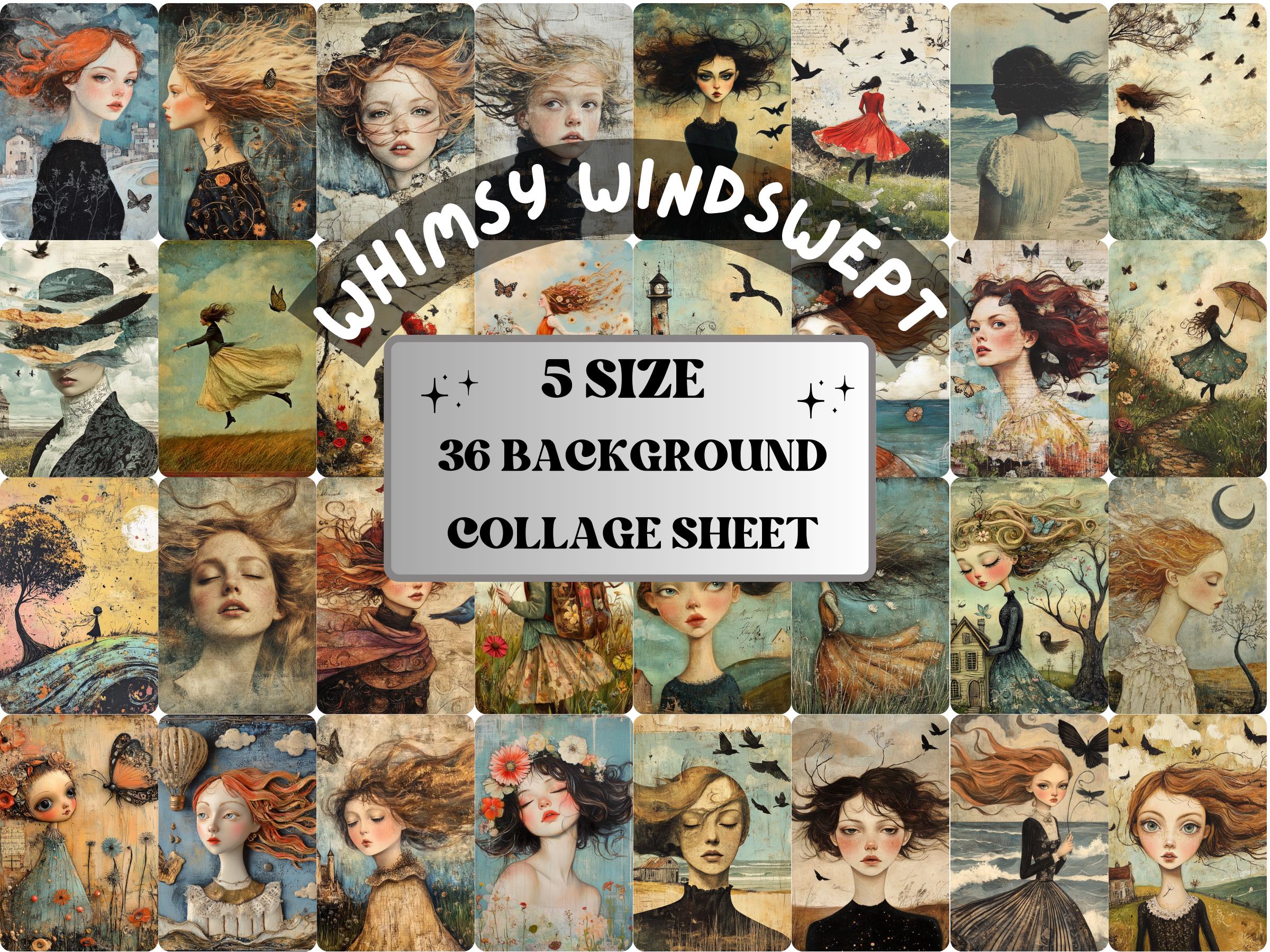 Whimsy Windswept Collage Paper, Surreal Quirky Art Mixed Media Sheet, Whimsical Ephemera Images, Quirky Junk Journal, Windy Scrapbook Paper